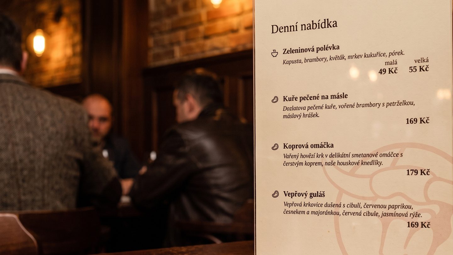 Denní nabídka Steakgrillu ve stojánku na stole, hosté v pozadí