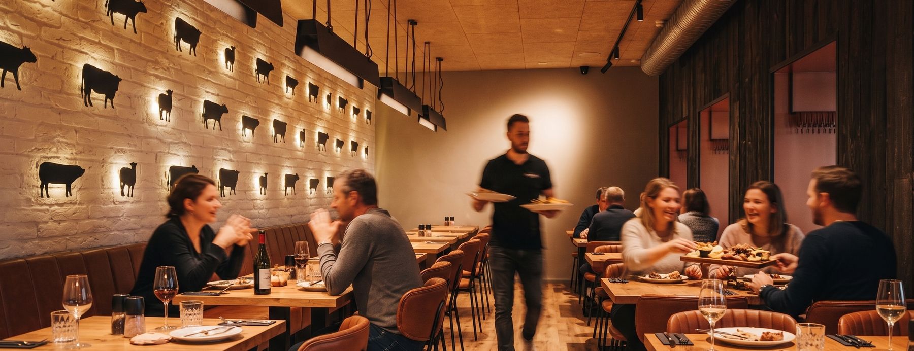 Interiér Steakgrillu s hosty — stěna se siluetami býků, obsluha v pohybu